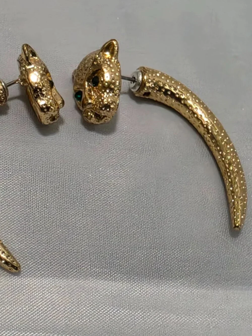 Gold Tone Panther Head Front-Back Earrings · Green Crystal Eyes · Curved Claw Dr